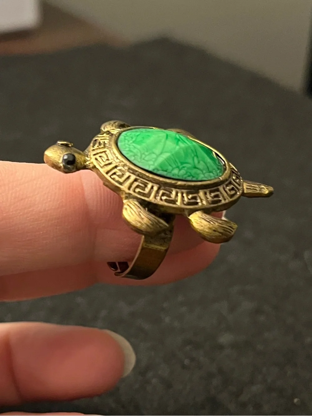 Vintage Turtle Ring with Green Faceted Stone and Antique Gold Finish Adjustable